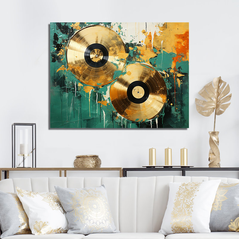 Minimalisme, disques vinyle I sur toile, H 12 po x l 20 po x P 1 po, Toile tendue