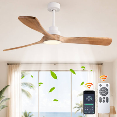 52" Modern Wood Ceiling Fan with Dimmable LED Light, 3CCT, Two Downrods, and Remote Control