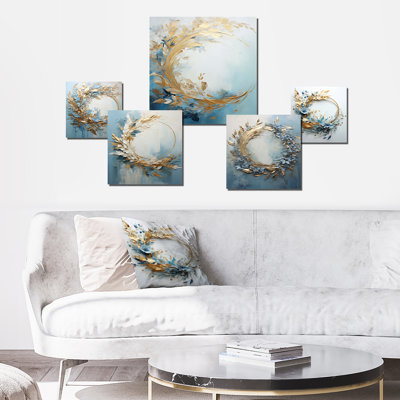 Couronne de fleurs bleue et dorée - ensemble d'art mural couronne de 6