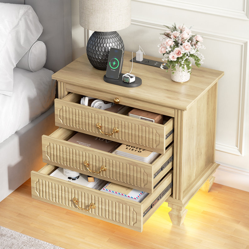 Solid Wood Legs Bedside Table with 3 - Drawer, Charging Station and Motion Sensor Led Light, Oak