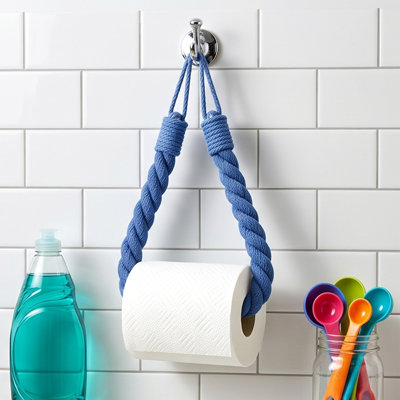 Porte-papier hygiénique en corde tressée avec pince à gobelet en plastique, 65 cm, boucle de suspension, organisateur de rangement pour rouleaux de papier hygiénique, sans perçage, porte-papier décoratif