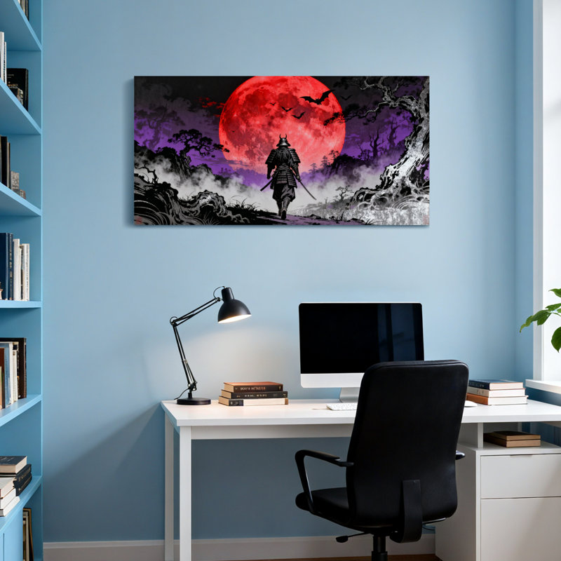 Paysage et nature Samurai Warrior Under Red Moon Night Landscape, H 28 po x l 58 po