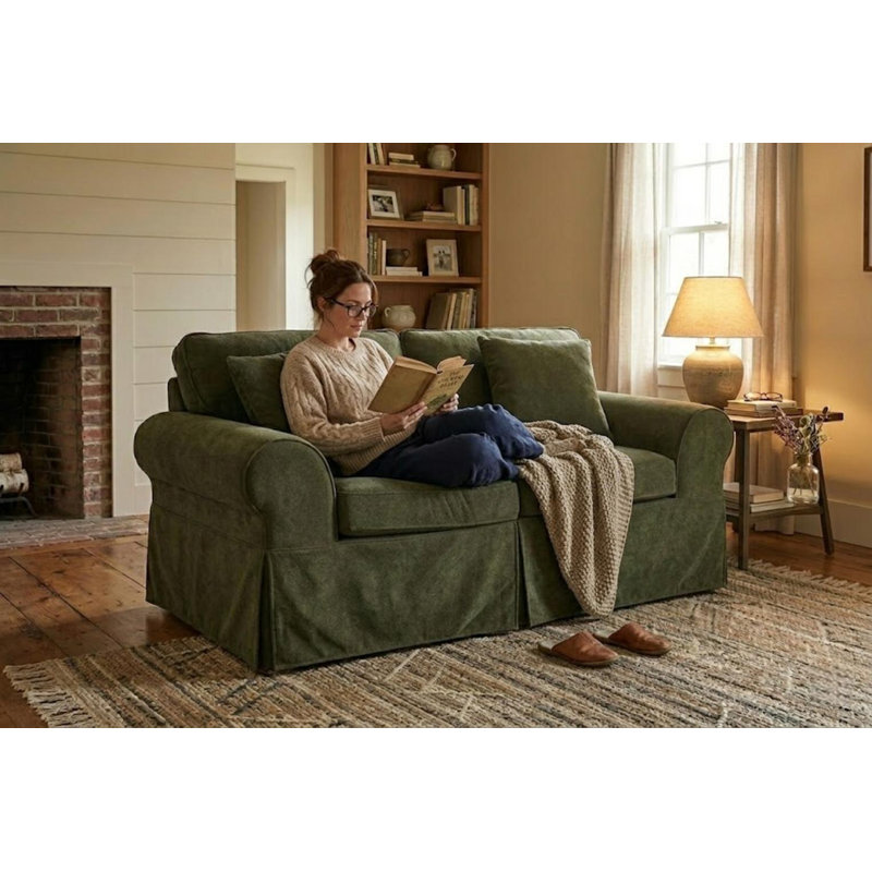 Greco Vintage Upholstered Rolled Arm Loveseat – Compressed Pack, Removable Cover, Green