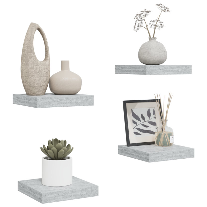 Wall Shelf  Wall Mounted Display Shelf for Photo Frame Set of 4, 1.5" H x 9.1" W x 9.3" D, Concrete Gray