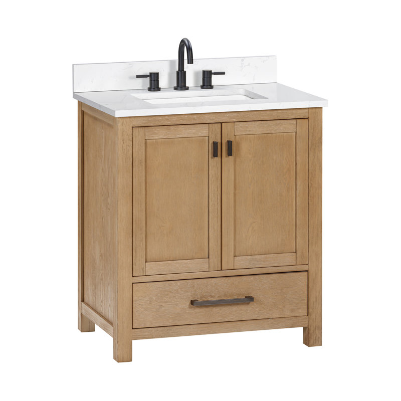 Meuble-lavabo simple 30 po avec plateau Souther, Marbre blanc de Cala, Chêne brossé, Noir