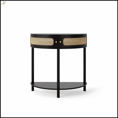 Table de bout unique en forme de demi-lune avec porte coulissante en rotin, rangement élégant en demi-cercle