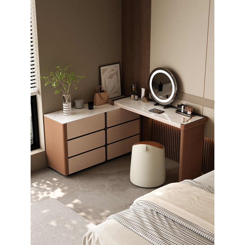 Versatile Saddle Leather & Slate Top Dressing Table with Adjustable LED Mirror - Extendable, Left/Right or L-Shaped Installation