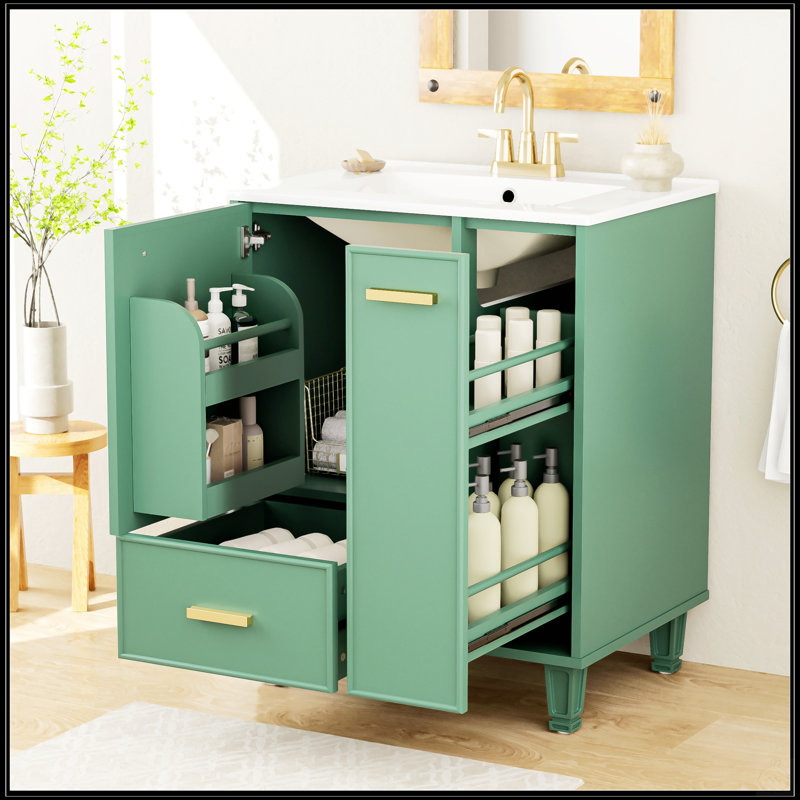 Meuble-lavabo moderne de 24 pouces avec lavabo, tiroir profond, panier coulissant à 2 niveaux et structure en bois massif durable