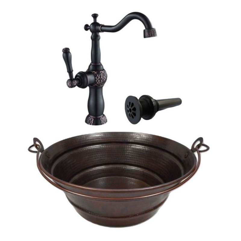 15" Round Aged Copper Vessel Bucket Bath Sink Faucet & Drain Included