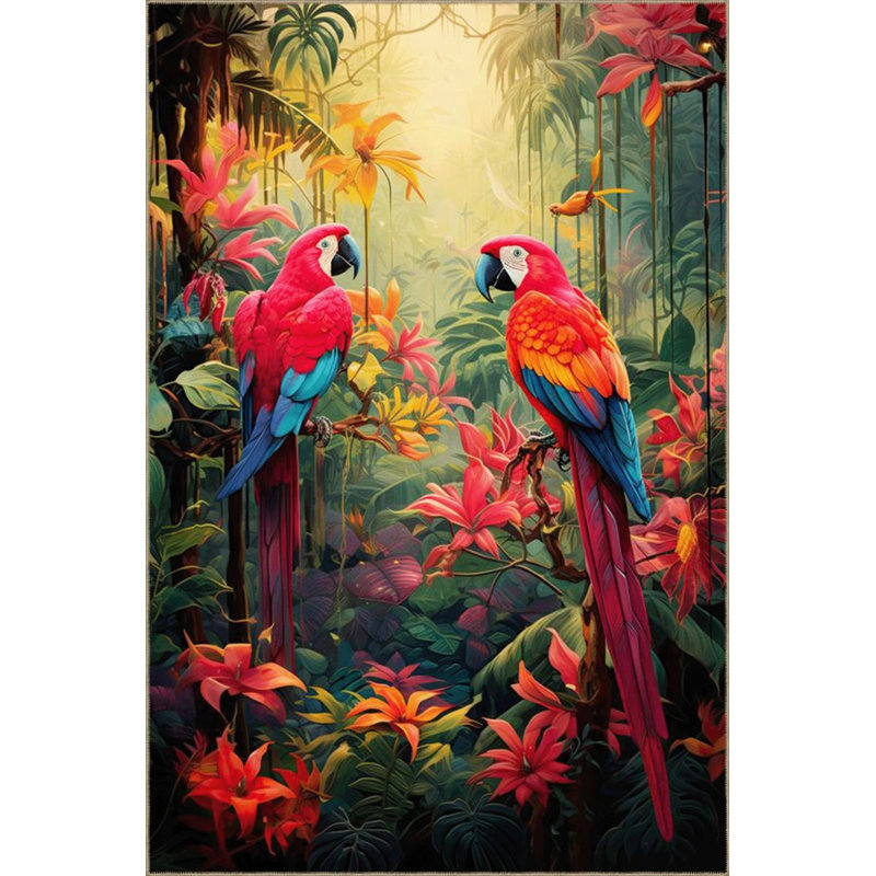 Multicolored Tapestry Design Forest And Parrot Pattern Vintage Decorative Rug, Runner 2'6" x 6'7"