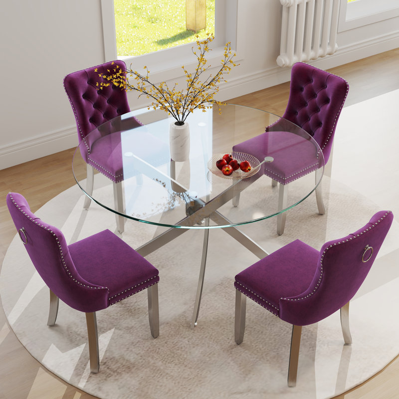 Keyari 4 - Person Pedestal Dining Set, 29.5"H x 47"L x 47"W, Purple, Silver
