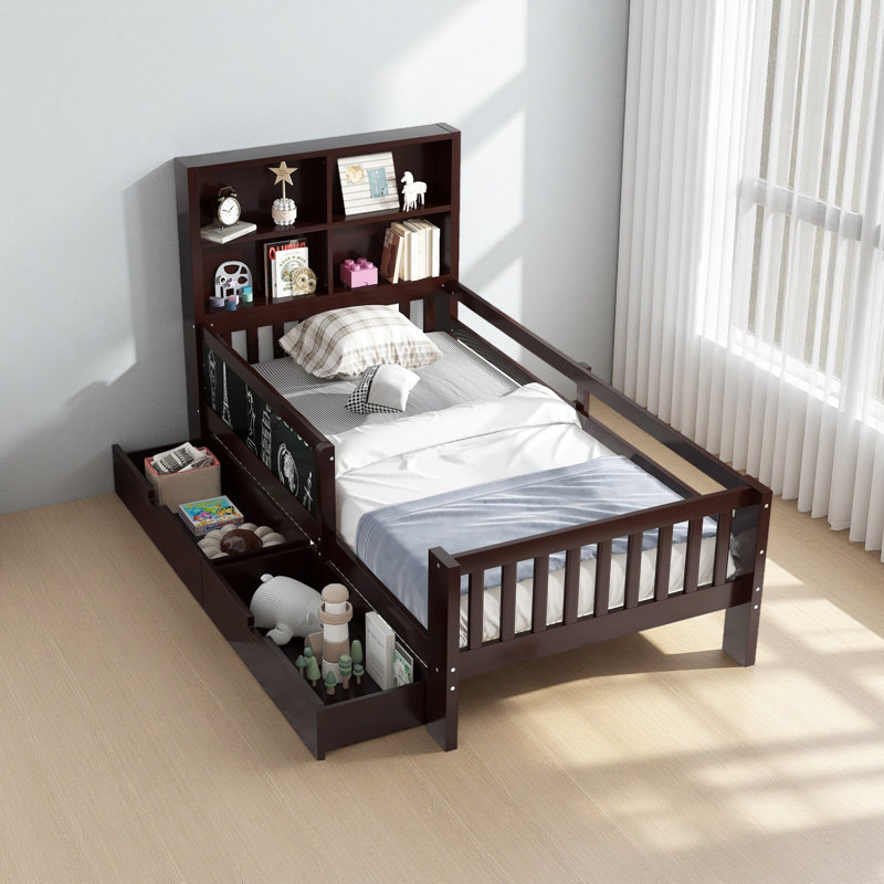 Lit plateforme en bois massif avec tiroirs et tablettes de rangement, amusant et peu encombrant, Lit simple, Blanc