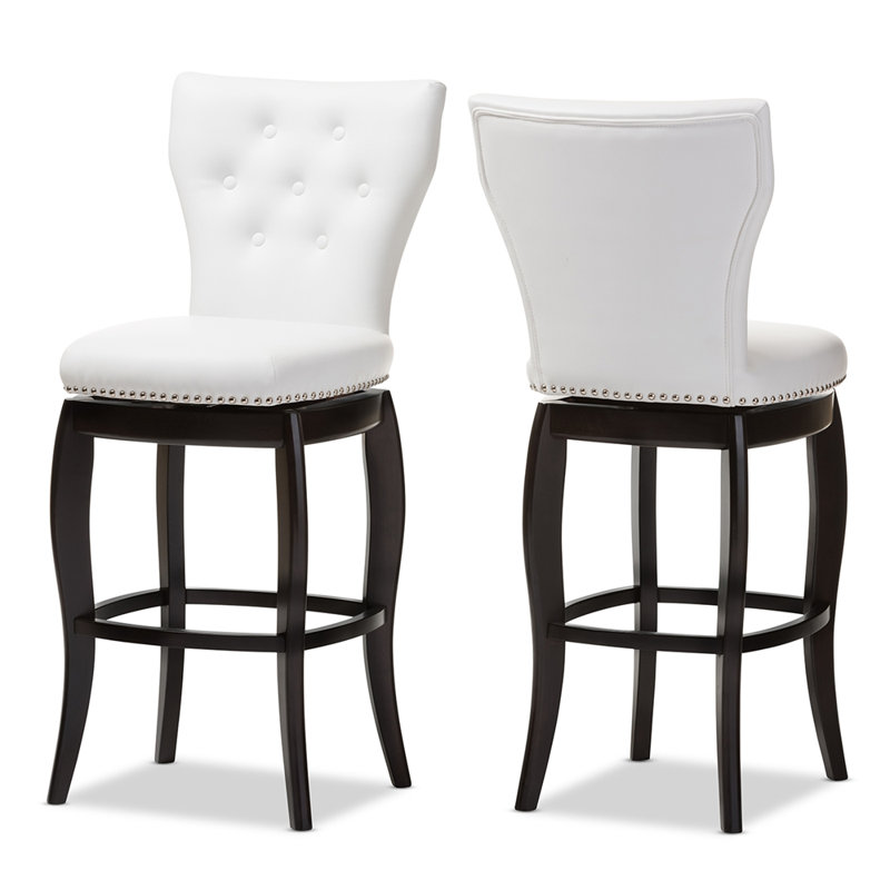 White Faux Leather Button-Tufted Swivel Bar Stools with Dark Wood Legs, Set of 2