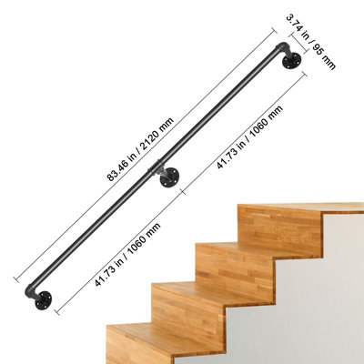 Pipe Stair Handrail, 5FT Staircase Handrail, 440LBS Load Capacity Carbon Steel Pipe Handrail, Industrial Pipe Handrail with Wall Mount Support, Round Corner Wall Handrailings for Indoor, Outdoor