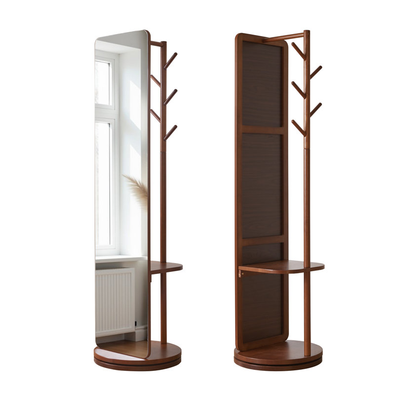 360° Rotating 66"X14" Multifunctional Full Length Mirror With Hook Storage Rack Coat Rack With Mirror Solid Wood Floor Mirror Bedroom Living Room Cloakroom Space Saving