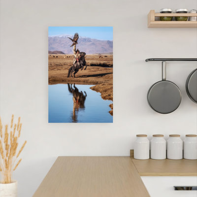 Aigle royal, chasseur, reflet, oiseau traditionnel, aigle, cheval, paysage, montagne, art mural