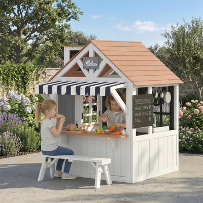 Outdoor Playhouse, Wooden Kids Playhouse with Dog Door for Garden
