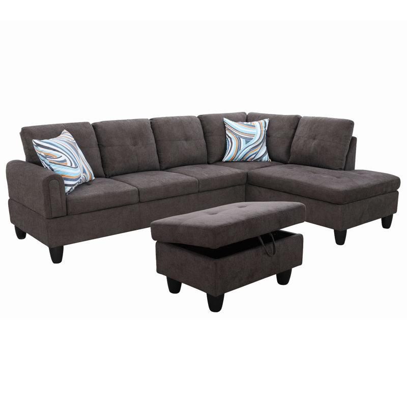 Tatman Upholstered L-Shaped Sectional, Brown Velvet, Right Hand Facing