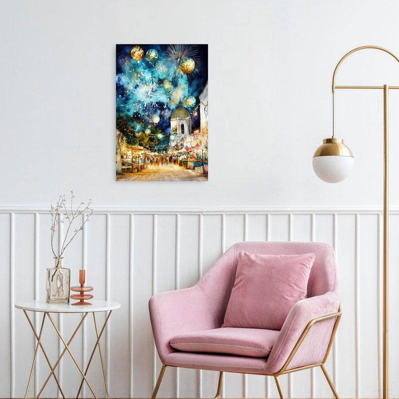 «Festive City Night Vibrant Abstract Contemporary City», art mural, H 24 po x l 16 po