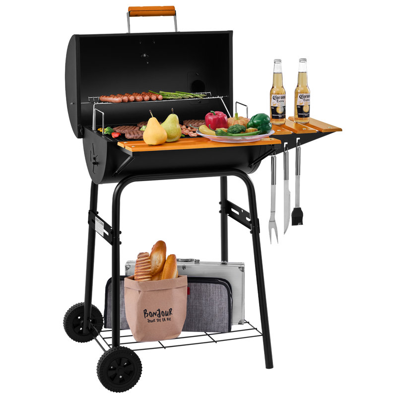 Royal Gourmet Barrel Charcoal Grill with Side Table, Black