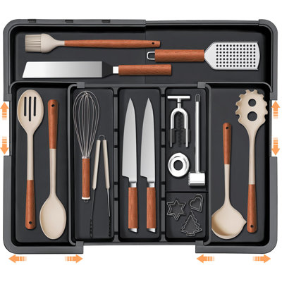Grand tiroir à ustensiles Organisateur à ustensiles extensible pour tiroir de cuisine Support à ustensiles de cuisine réglable Coutellerie, plateau, couverts, spatule, outils, gadgets, diviseurs de rangement, plastique noir