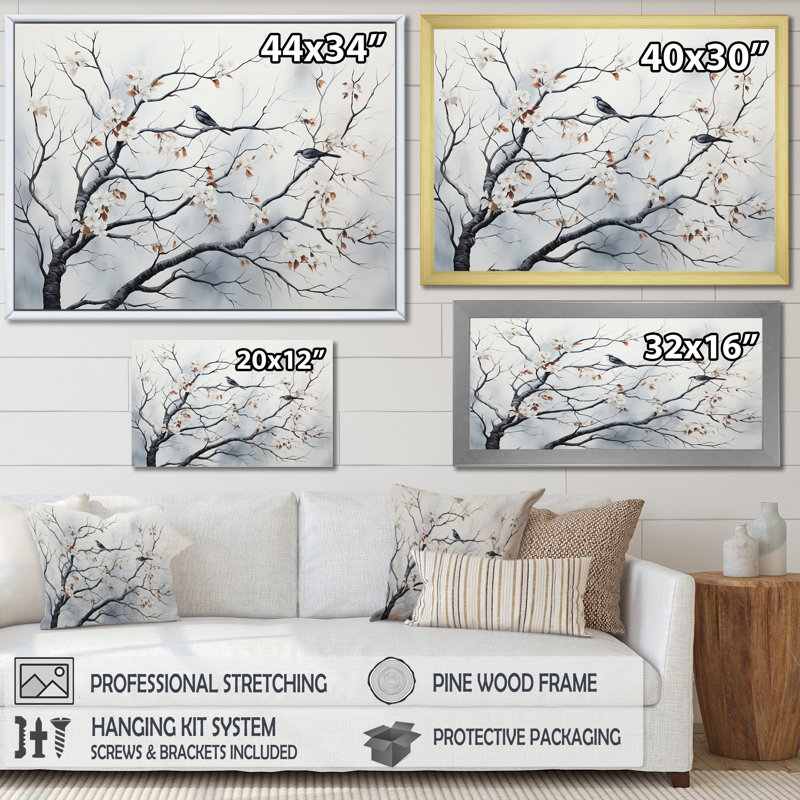 Gris floral Sprintime, oiseaux, art mural, H 12 po x l 20 po x P 1 po, Cadre d'angle fermé noir