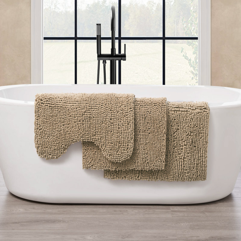 Chenille Super Soft Absorbent Microfiber Non-Slip 3-Piece Bath Rug, Linen