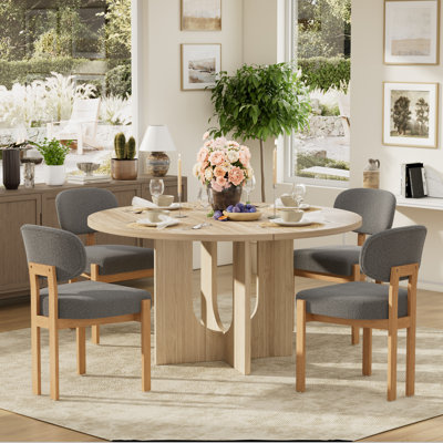 Farmhouse Modern Round Dining Set 47.3" MDF Table + 4-6 Upholstered Fabric Chairs, Curved Backrest, Thick High-Density Sponge Cushion for Kitchen Dini
