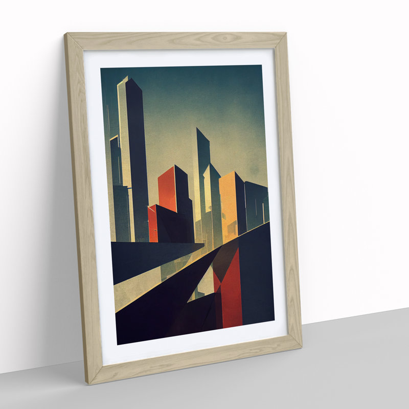 Angular City Skyline - Single Picture Frame Print, Oak, 46cm H x 34cm W x 2cm D