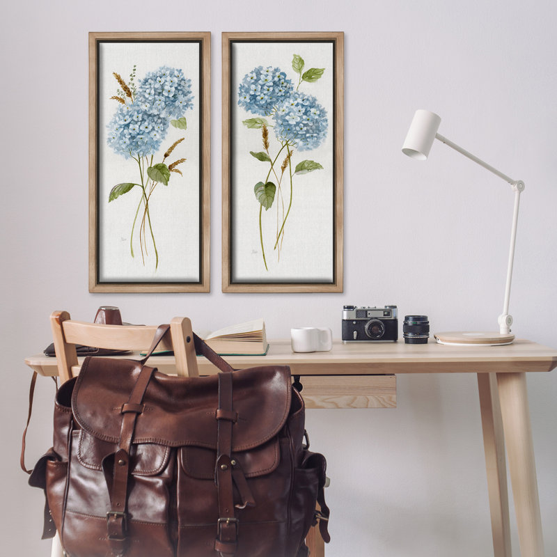 Blue Hydrangea Long Stems 2 Piece Brown Grain Framed Floater Canvas Set by Nan, Montalcino Elm Floater Frame, 31" H x 15" W