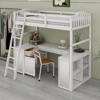 Lit mezzanine simple avec tiroirs, armoire, tablettes et bureau, structure de lit mezzanine en bois avec bureau pour enfants