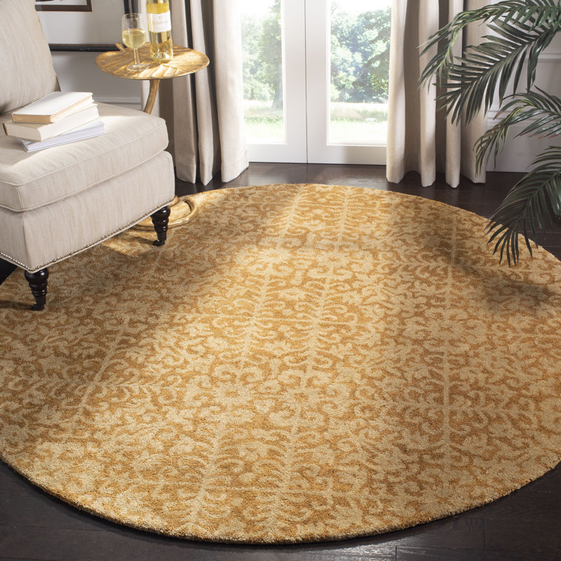 Tapis doré / beige en laine touffeté à la main Dunbar, Rond 3 pi 6 po