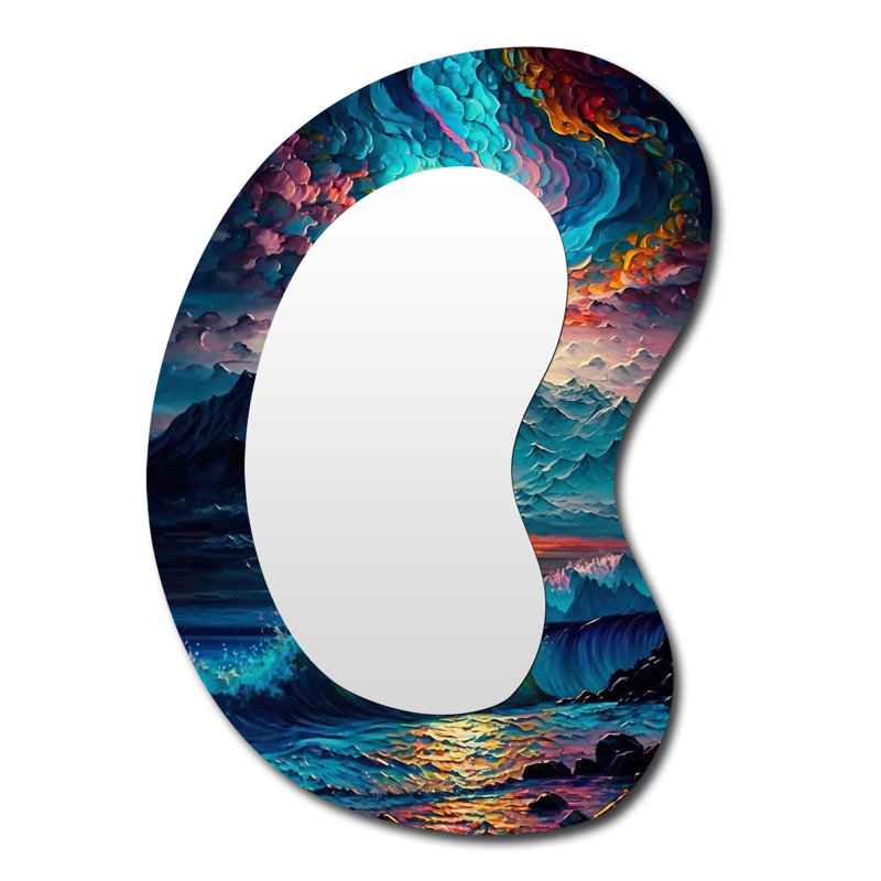 Flemmie Mystical Aurora Borealis Arctic Mountains III - Beach Asymmetrical Decorative Mirror, Blue Unique Shape Wall Mirror, Printed Metal Art
