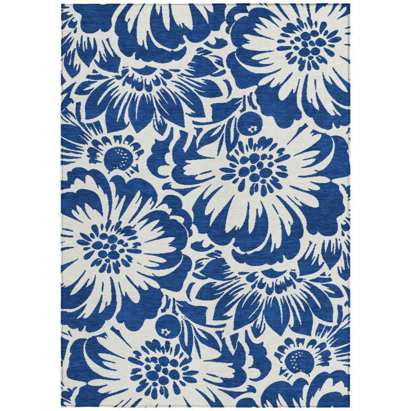 Tapis extérieur lavable antidérapant 9 pi x 12 pi bleu marine et ivoire