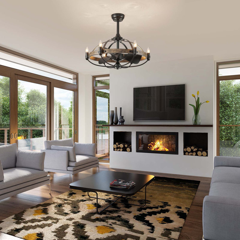 Arezo 27.17" Classic Black Caged Farmhouse Ceiling Fan With Light Kit And Remote Control, Black/Gray Brown