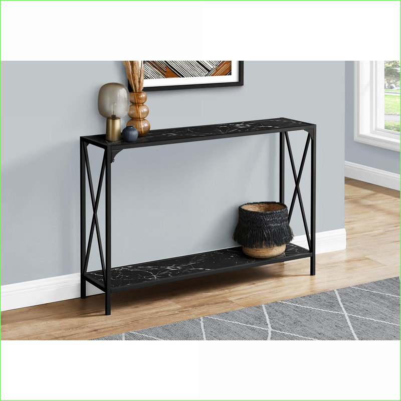 Table basse robuste d'apparence de marbre noire peu encombrante pour le salon / entrée, structure en métal mince à 2 niveaux
