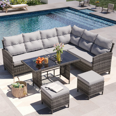 6-Piece Outdoor Wicker Patio Sofa Set With Dining Table