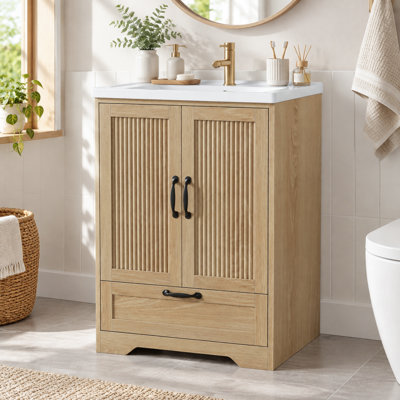 24" Bathroom Vanity with Ceramic Sink, Modern Bathroom Cabinet with Fluted Doors and Storage Drawer for Powder Room & Home Bathroom Organization, Natural