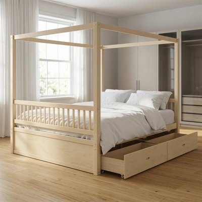 Queen-Large Wooden Bed Frame, Four-Poster Bed With Storage Drawers, Suitable For The Bedroom