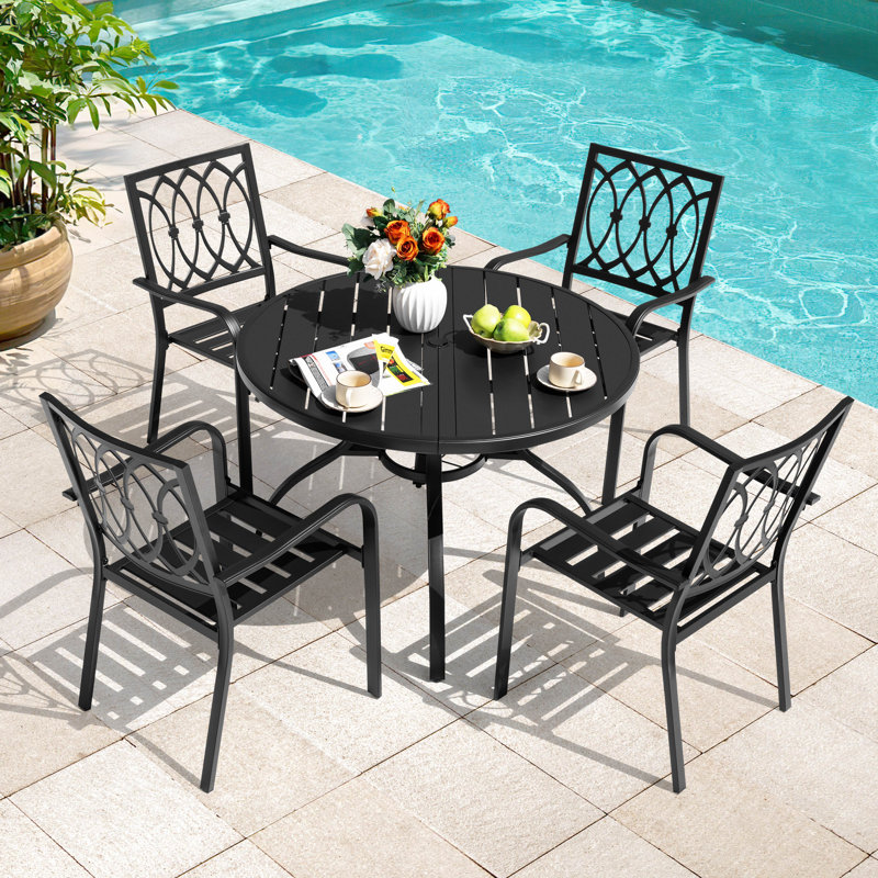5-piece Metal Patio Dining Set With Umbrella Hole And 4 Stackable Chairs