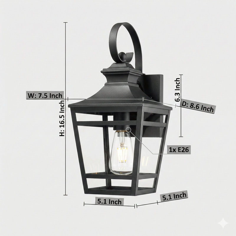 Set Of Two Large Exterior Wall Lights Measuring 16.5 Inches, Featuring A Wall-Mount Design, Waterproof Black Finish, And Clear Glass Panels. Suitable For Patios, Hallways, And Garages (Pack Of Two).
