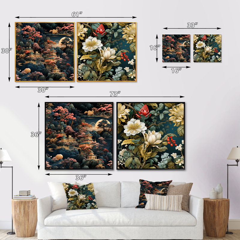 Perrigo - Ensemble de 2 collages carrés de paysages abstraits, Cadre flottant doré, H 30 po x l 61 po