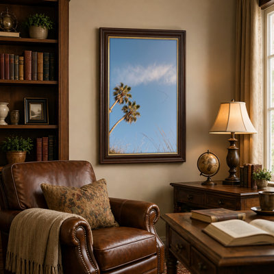 Art mural antique sur toile encadré doré pour le salon, la chambre à coucher, le bureau ou le vestibule - Décoration murale décorative avec ciel de palmier