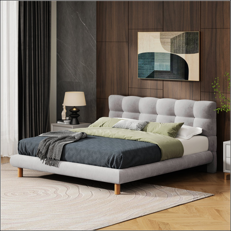 Full Size Upholstered Platform Bed Frame With Cookie-Shaped Headboard