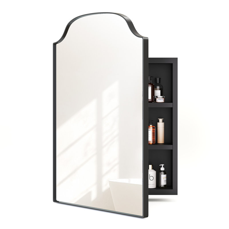 Armoire à pharmacie de salle de bain arquée 20 po x 30 po avec miroir, armoire de rangement encastrée / à fixation murale, structure en métal noir, installation facile pour meuble-lavabo de salle de bain