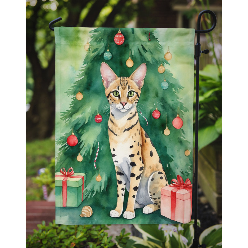 Pixie Bob Cat By the Christmas Tree Garden Flag, Savannah