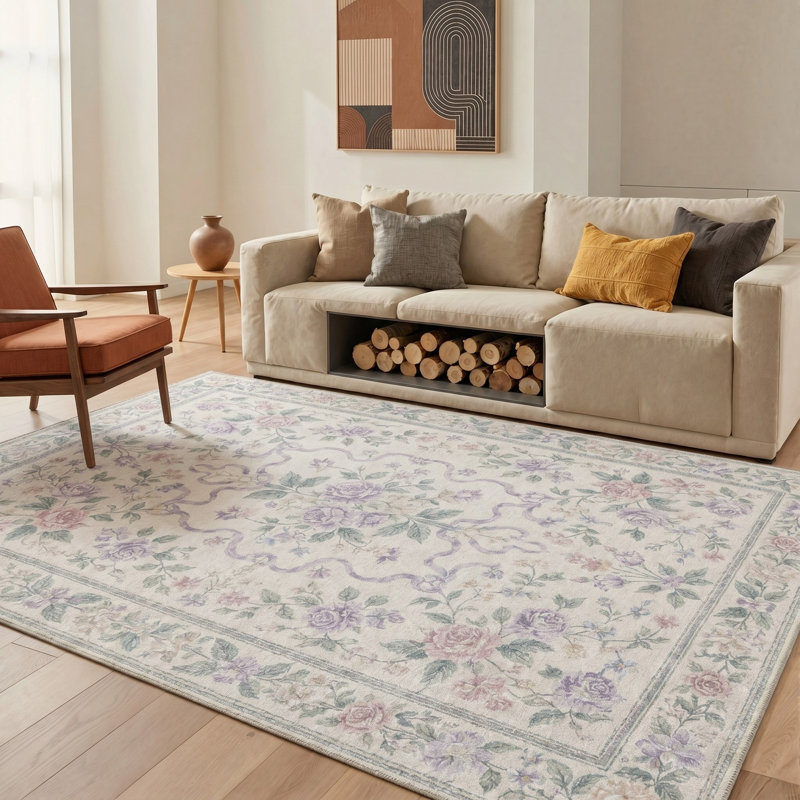 Tapis floral ivoire / gris lavable à la machine avec envers antidérapant, Rectangle 6' x 9'