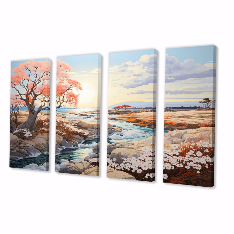 Coral Pastoral Landscape Canvas Art Set in Warm Colors
