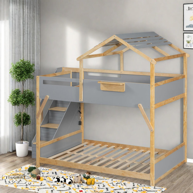 Lits de cabane avec escalier et éclairage DEL, 2 places superposées, en bois de pin MDF, style moderne gris., Grey