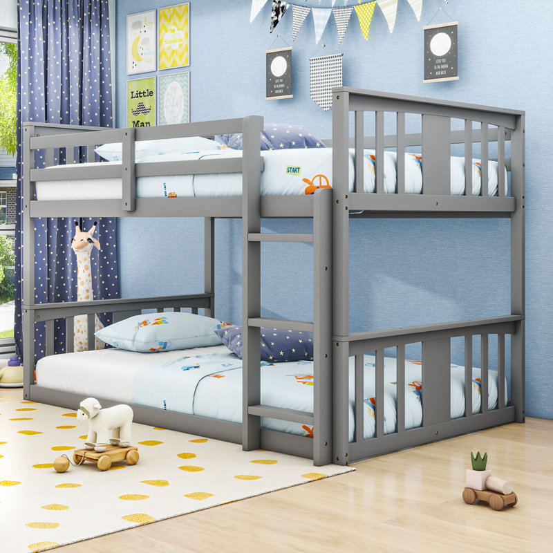 Twin Over Twin Wood Bunk Bed With Guardrails And Ladder, Gray